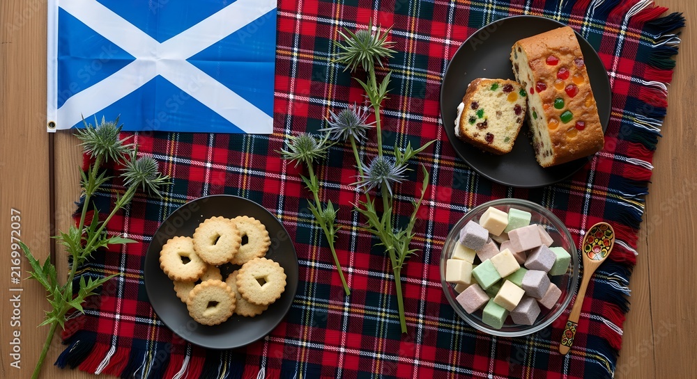 Fototapeta premium A creatively reimagined version of overhead flat lay of St. Andrew's Day celebration items: tartan cloth, Scottish flag, small thistle flowers, and festive treats, vibrant composition, emphasizing sty