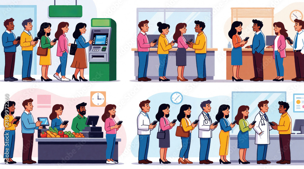 Fototapeta premium Diverse people wait in long lines for various services. Crowds stand in queue at bank atm grocery store, doctor clinic. Men, women use mobile phones waiting at cash register medical desk in flat