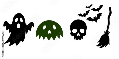 Halloween Ghost, Skull, Bat and Witch Broom Icon Set