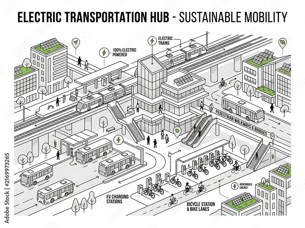 Fototapeta premium Electric transportation hub sustainable mobility vector illustration