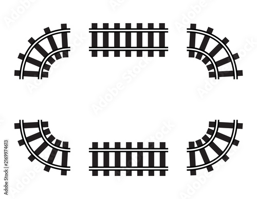 Black Railway Train Track Straight Curved Sections Oval Rectangle Frame Set Isolated PNG