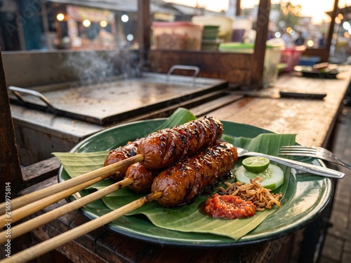 Indonesian Grilled Sausage Skewers, Savory Street Food Snack