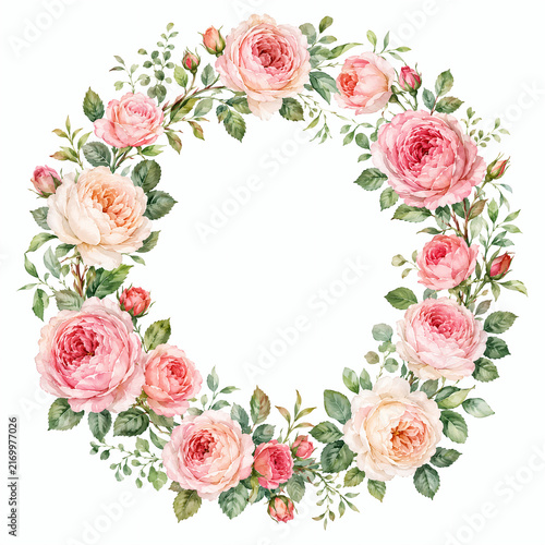 Watercolor rose wreath with pink and peach flowers. Floral circle frame clipart isolated on white. Botanical border for wedding invitation card