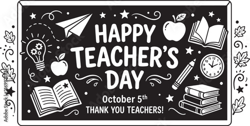 Happy Teacher's Day chalkboard illustration with school supplies and educational icons.