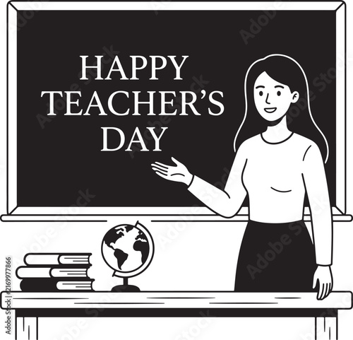 Happy Teacher's Day illustration with female educator at blackboard in classroom setting