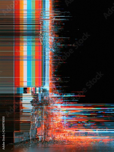Vibrant glitch art with colorful pixel distortion on a dark background