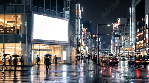 Blank Digital Billboard in Busy Modern City Street at Night