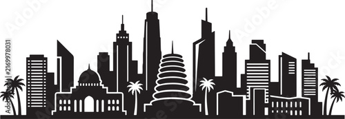 Black and white city skyline silhouette with modern skyscrapers and palm trees.
