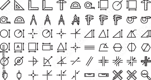 Set of engineering and construction measurement icons for technical drafting and design