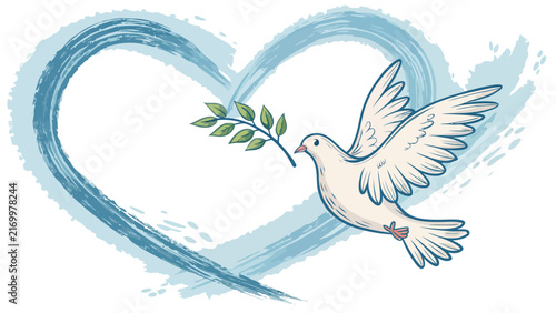 White dove of peace carrying an olive branch inside a watercolor heart shape with dove bird flying dove heart illustration watercolor art blue heart white background peace symbol love and peace