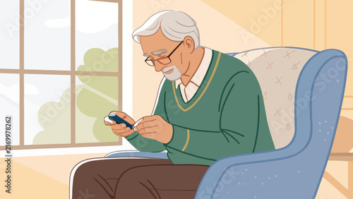 Elderly man sitting in an armchair by the window using a smartphone with mobile phone living room senior citizen comfort zone smartphone armchair technology grandfather communication internet