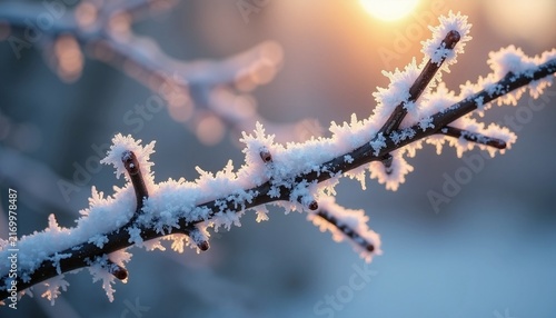 Frosty branch with delicate snowflakes illuminated by sunrise, capturing winter essence in nature. Frosty branch covered in snow showcases intricate details while sunlight creates a warm atmosphere.