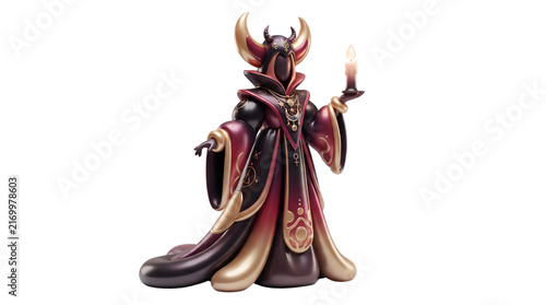 Glossy mystical Halloween priestess with a crescent headpiece and glowing candle, dressed in black, plum and crimson gradients.