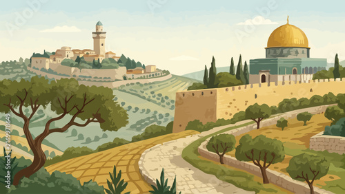 Jerusalem old city landscape illustration with dome of the rock and ancient walls middle east holy city olive trees jerusalem landscape illustration architecture historic landmark heritage
