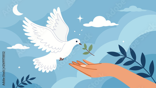 White dove flying from human hand holding olive branch symbolizing peace with flying bird harmony artwork nature background blue sky gentle touch animal wildlife bird flight symbolic gesture