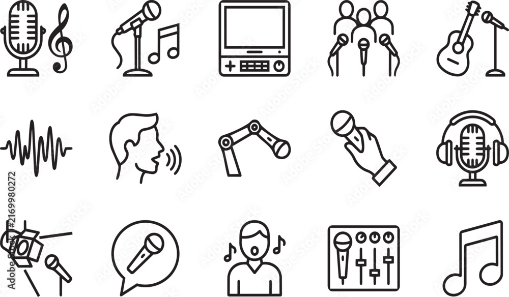 Fototapeta premium Music and microphone instrument icons set with vocal performance and audio gear graphics.