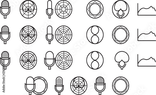 Obraz na płótnie Microphone polar pattern diagrams and frequency response charts set in black line style