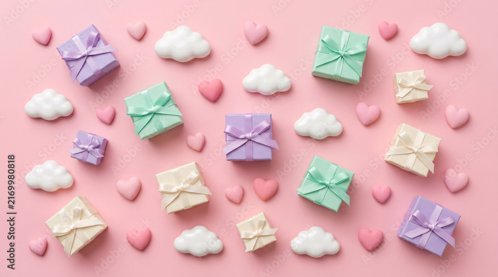 Fototapeta premium Flat lay composition with pastel gift boxes and clouds on a pink background.