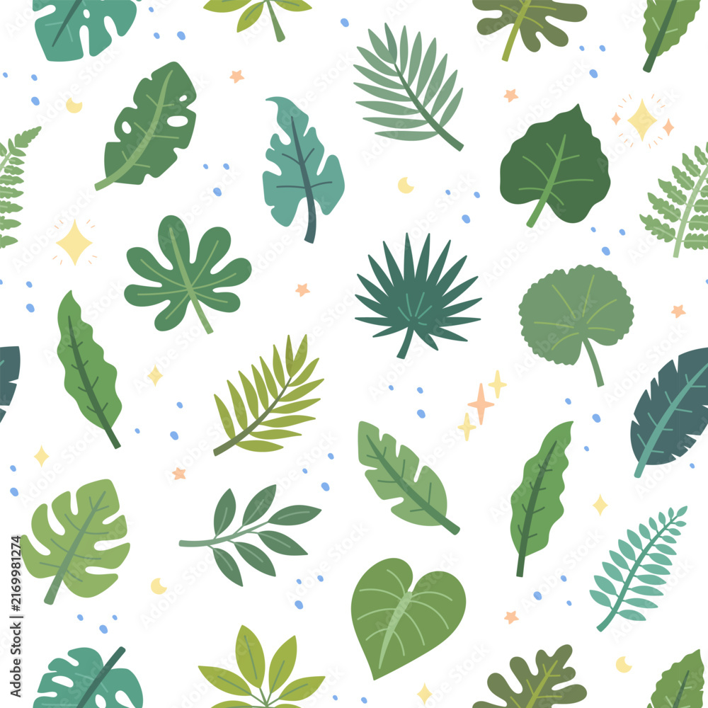 Naklejka premium Tropical leaf seamless pattern set featuring palm fern monstera moons stars sparkles dots foliage fronds branches stems plants botanical repeat