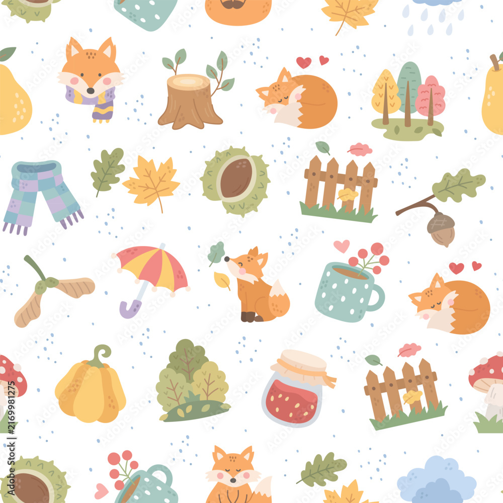 Naklejka premium Autumn seamless pattern set featuring fox pumpkin scarf umbrella chestnut mug branch fence pear jar jam cloud rain mushroom bush