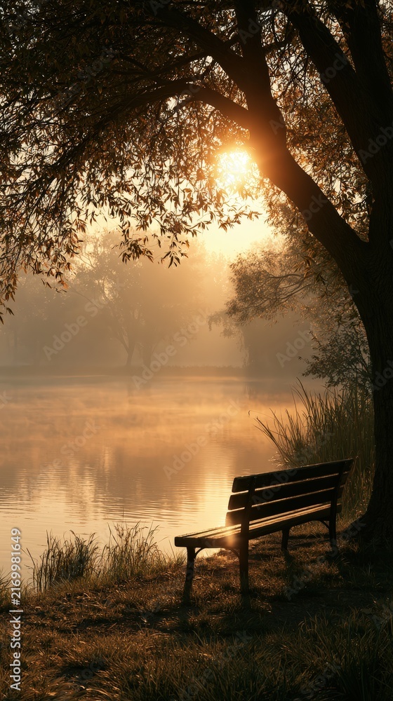 Naklejka premium Tranquil morning bench beside a misty lake bathed in golden sunlight