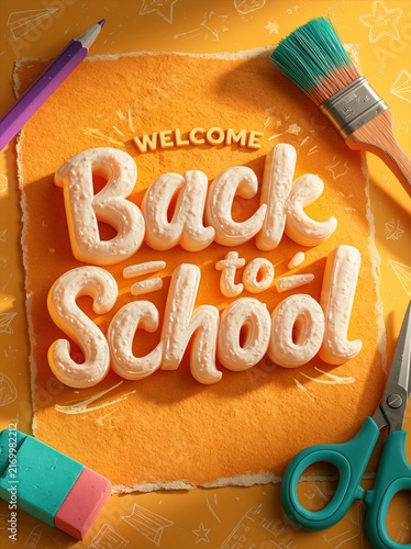 Welcome back to school text with colorful stationery on orange background