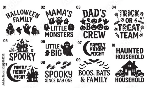 A collection of black and white halloween themed typography featuring ghosts, pumpkins, haunted houses, bats, and festive holiday phrases for family apparel and decoration projects