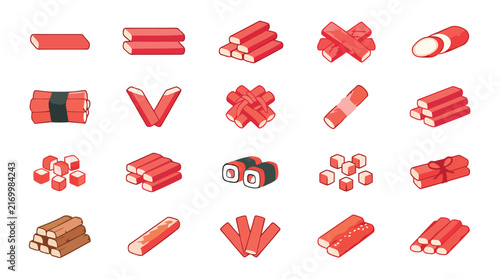 Foto Set of crab sticks icons, surimi seafood vector illustration