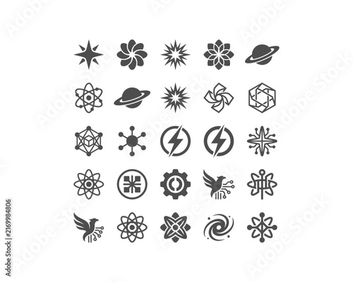 Minimalist geometric tech logo icons vector collection with atom symbols, planet saturn, lightning bolt, abstract science emblems