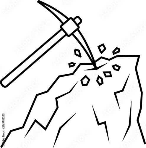 Mining pickaxe striking rock line icon vector illustration, simple linear gold mining process concept design