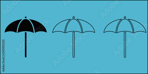 Umbrella icon set with solid black and outlined styles isolated on blue background for weather forecast protection accessories and beach season design.