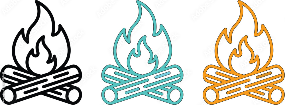 Fototapeta premium Three colorful line art bonfire icons with burning logs isolated on a white background