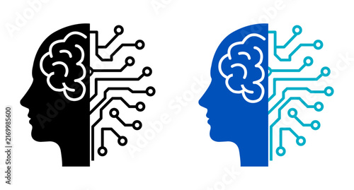 Artificial intelligence icon with brain, human head and circuit network. AI technology symbols for machine learning, automation and innovation.