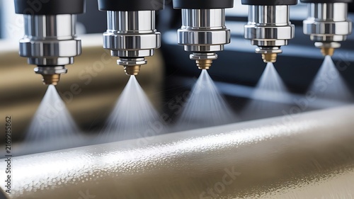 Precision automated spray painting system applying industrial coating to metallic surfaces in a modern tech manufacturing facility environment