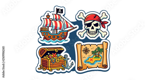 Cartoon Pirate Adventure Sticker Set with Ship Skull and Treasure