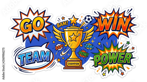 Comic Book Style Sports Stickers with Golden Trophy and Text
