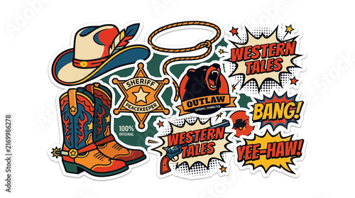 Retro Wild West Cowboy Vector Sticker Pack Collection