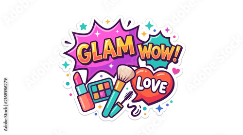Pop art makeup sticker illustration with beauty cosmetics and text