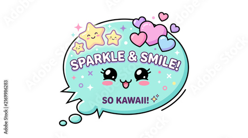 Cute Kawaii Speech Bubble Character with Sparkling Stars and Hearts