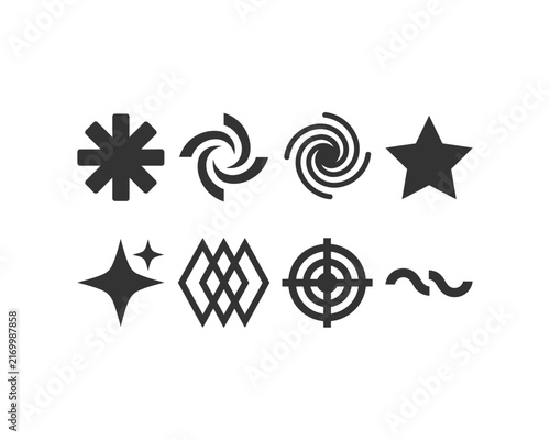 Minimalist geometric Y2K star and swirl icons vector set with asterisk, crosshair target, sparkle sparkles, wave lines