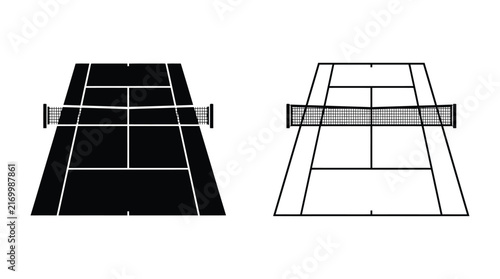 Tennis court silhouettes one black and one outlined on a white background