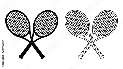 Two crossed tennis rackets depicted as black silhouettes on a white background
