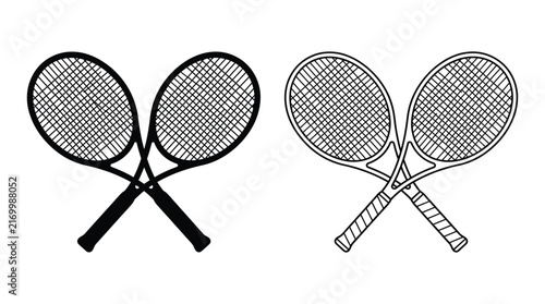 Two crossed tennis rackets black outline and white fill styles