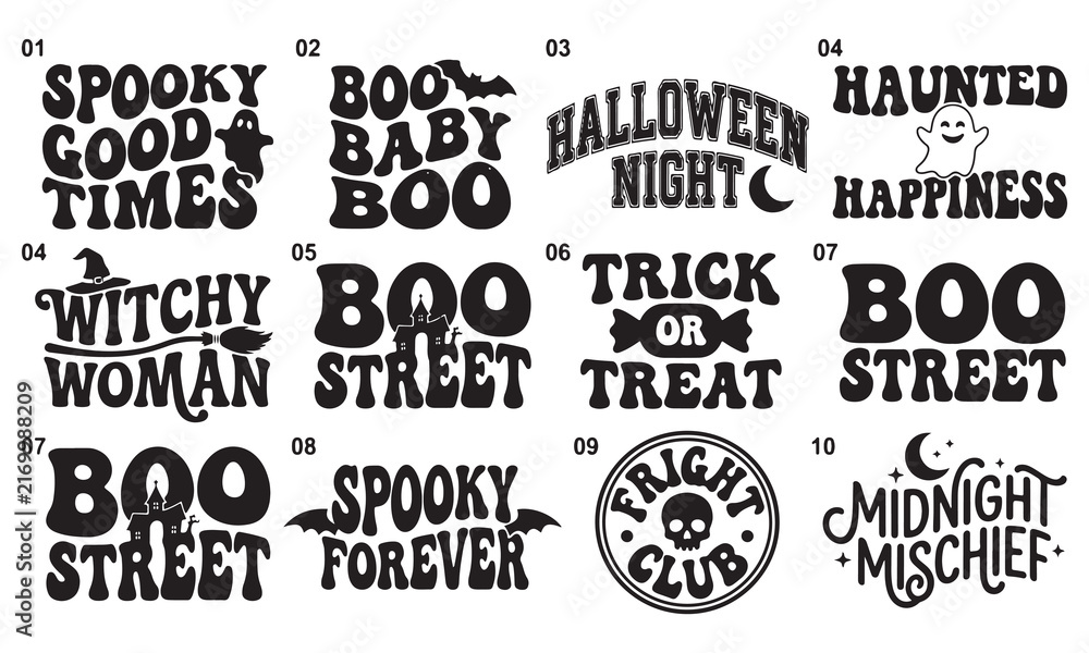 Obraz premium A set of ten retro wavy typography for halloween featuring ghosts, bats, witches, haunted houses, skulls, and spooky phrases on a plain white background, for apparel