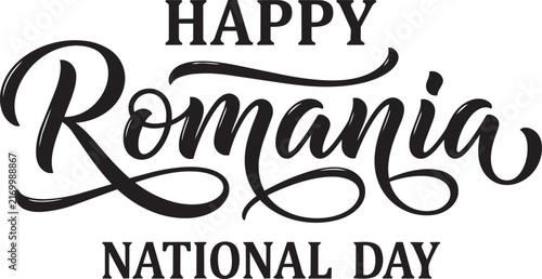 Happy Romania National Day Calligraphy with Ornamental Loops