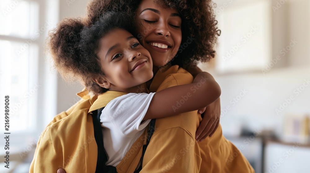 Obraz premium A happy schoolgirl hugging her smiling mother at home with a backpack
