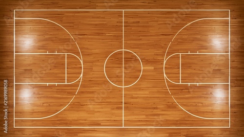 Polished maple basketball court floor top-down view with painted lines