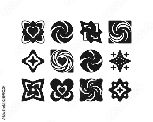 Minimalist geometric Y2K floral and swirl logo icons vector set with heart emblems, sparkle stars, pinwheel shapes