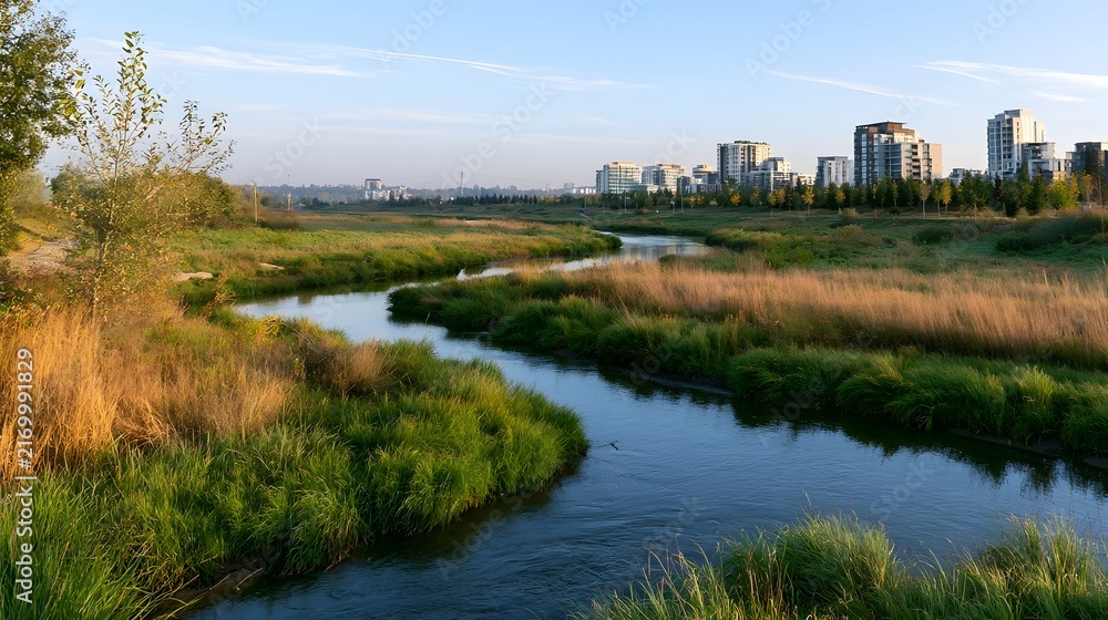 Naklejka premium A winding river flows through a lush green floodplain with tall grasses and distant modern buildings under a clear blue sky