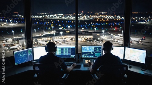 Air traffic controllers working at night in an airport control tower